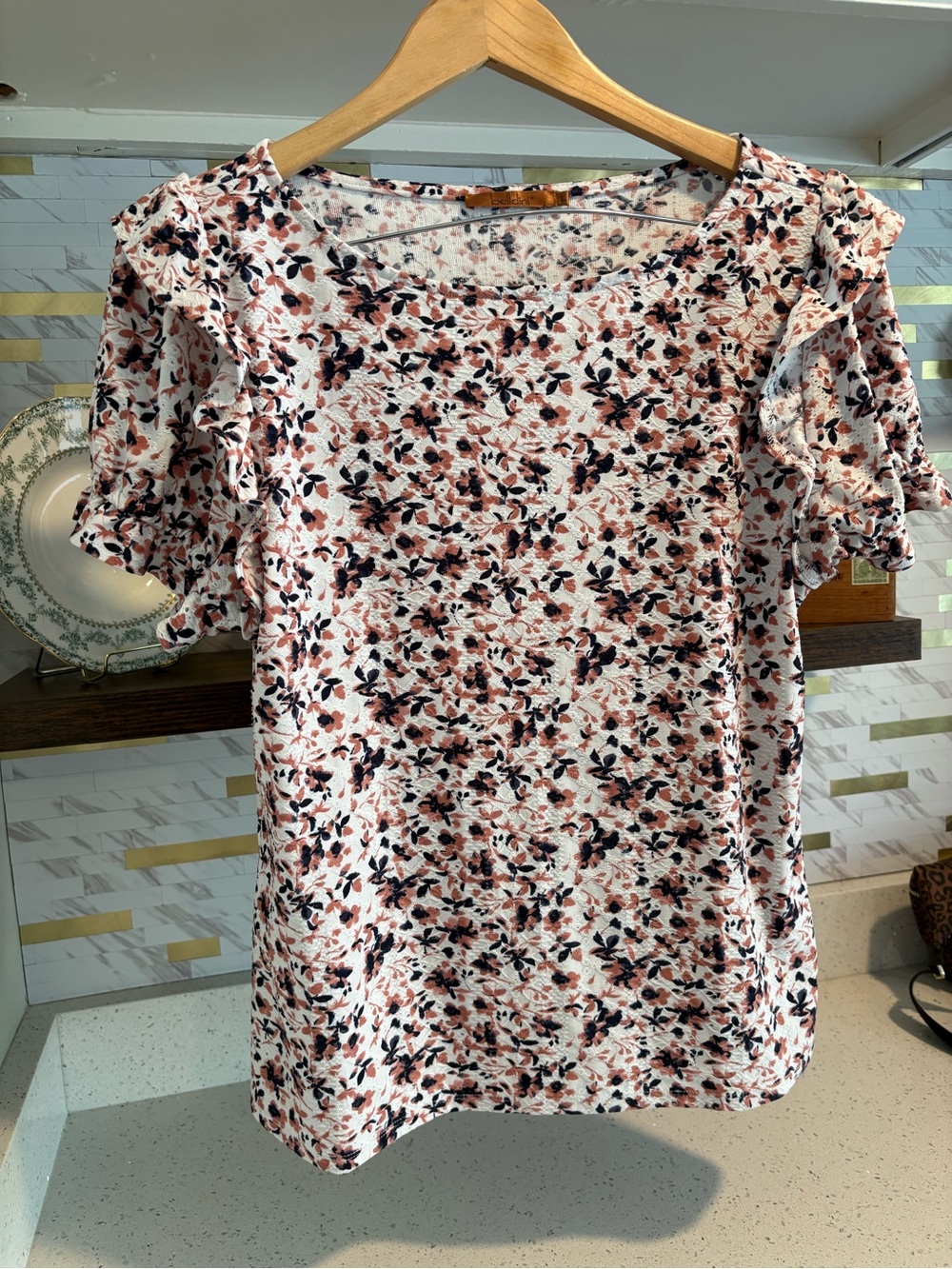 Belldini Pink and Black Floral Knit Top